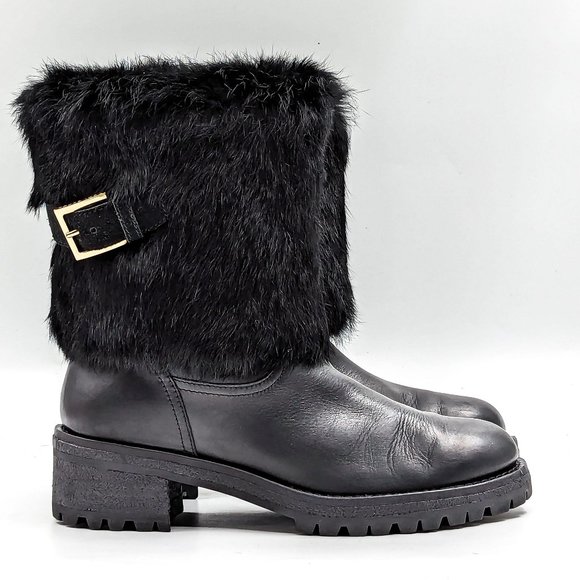 Tory Burch Women Joni Fur Cuff Buckle Logo Black Leather Mid Calf Boots size 7 - Picture 11 of 12